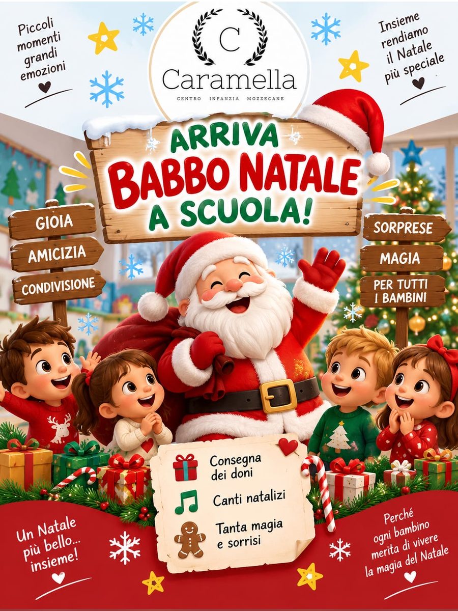 Tavola dell’arrivo di Babbo Natale a scuola, con doni e canti natalizi