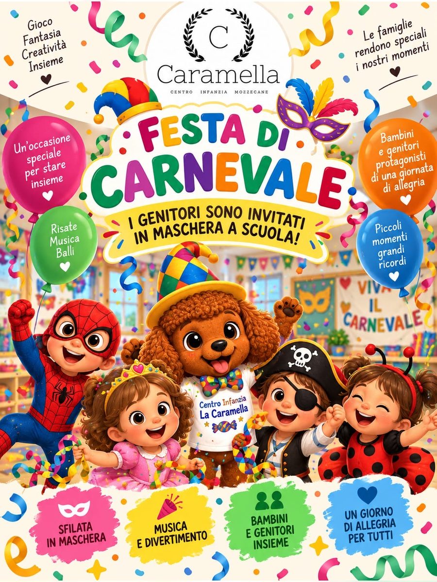 Tavola della festa di Carnevale, con i genitori invitati in maschera