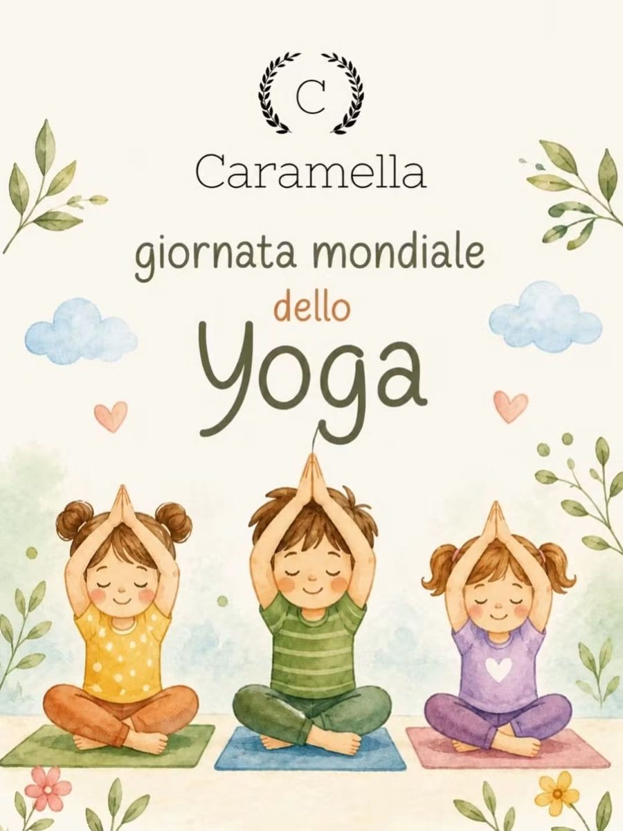 Tavola della giornata mondiale dello yoga, con bambini nelle posizioni